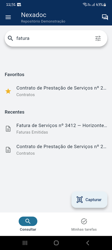 Tela inicial do aplicativo com favoritos, recentes e a aba de tarefas